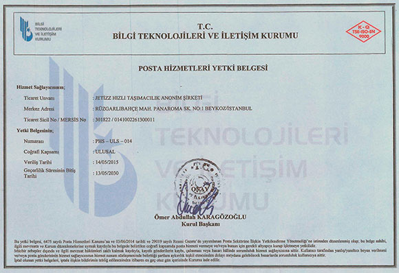 Jetizz Posta Hizmetleri Yetki Belgesi